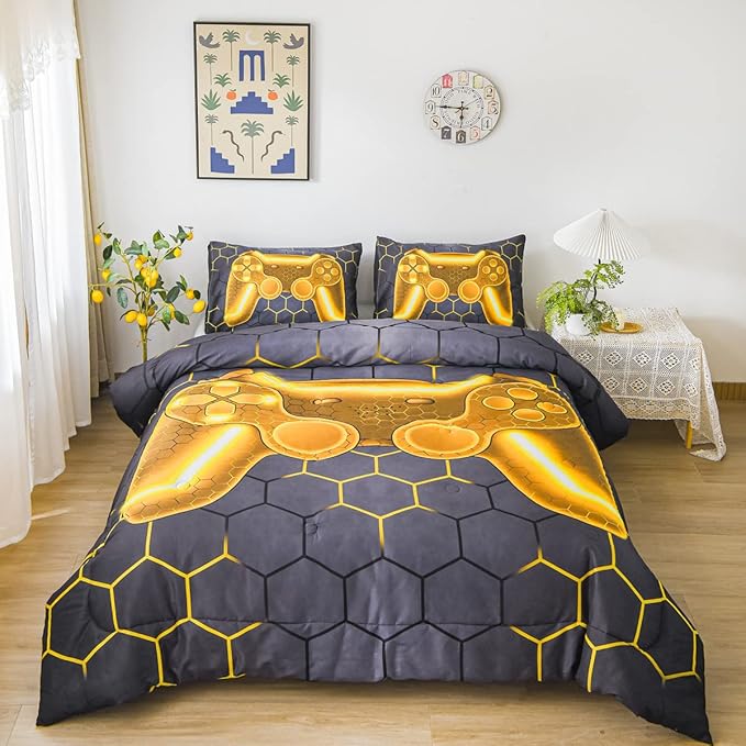 NTBED Gold Game Console Comforter Set Queen for Boys Girls Kids 3D Gaming Geometric Lightweight Microfiber Bedding Sets