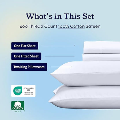California Design Den King Size Sheets Set - Soft 400 Thread Count Sateen, Natural 100% Cotton Sheets King Size, Deep Pockets with All Around Elastic for a Snug Fit, Durable Bedding - White