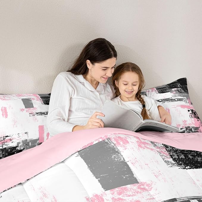 Feelyou Abstract Bedding Set Kids Modern Abstract Art Comforter Set Pink White Black Comforter for Boys Room Decor Lightweight Retro Duvet Set Queen Size with 2 Pillow Case