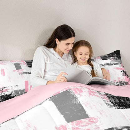 Feelyou Abstract Bedding Set Kids Modern Abstract Art Comforter Set Pink White Black Comforter for Boys Room Decor Lightweight Retro Duvet Set Queen Size with 2 Pillow Case