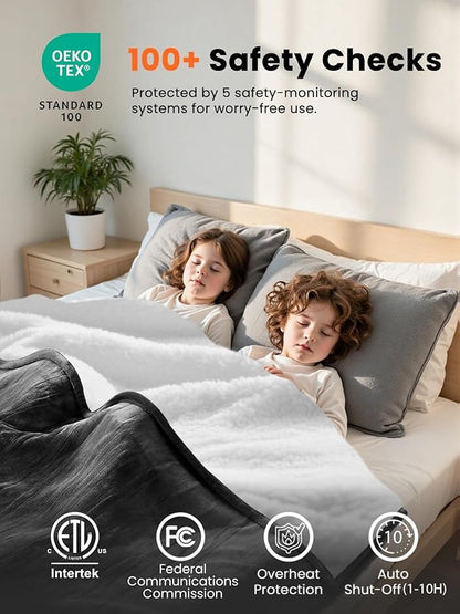 Electric Heated Blanket King, Ultra‑Cozy Premium Flannel & Sherpa, Even Heat Distribution & Stable Temp, 1–10H Auto‑Off, 8 Temps (86–125.6°F), Overheat Protection, Ideal Gifts for Grandma