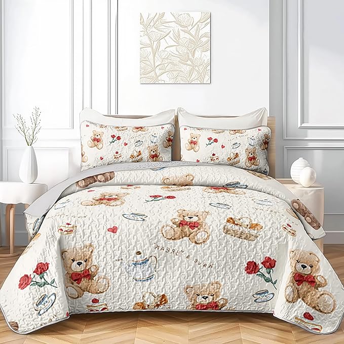 Kawaii Brown Teddy Bear Pet Toy Quilt Bedding King 3Pcs Cartoon Rose Cake Breadbasket Bed Set Safari Animal Pattern Bedspread Coverlet with 2 Pillowcases for Kid Boy Girl Teen Adult Room Decor