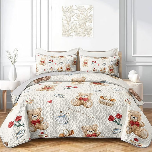 Kawaii Brown Teddy Bear Pet Toy Quilt Bedding Twin 3Pcs Cartoon Rose Cake Breadbasket Bed Set Safari Animal Pattern Bedspread Coverlet with 2 Pillowcases for Kid Boy Girl Teen Adult Room Decor