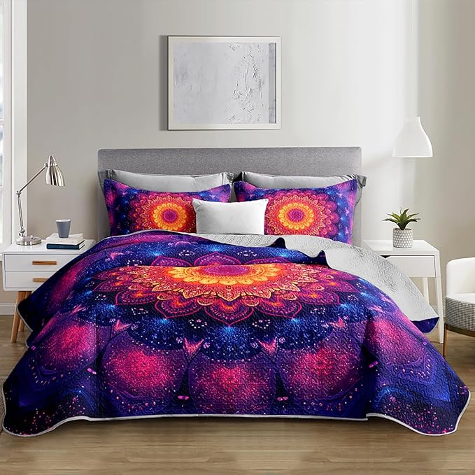 Boho Style Queen Size Quilt Set,Bohemian Floral Strip Beddding Set for Adults Room Decor,Soft and Lightweight Quilted Bed for All Season with 2 Pillowcases.