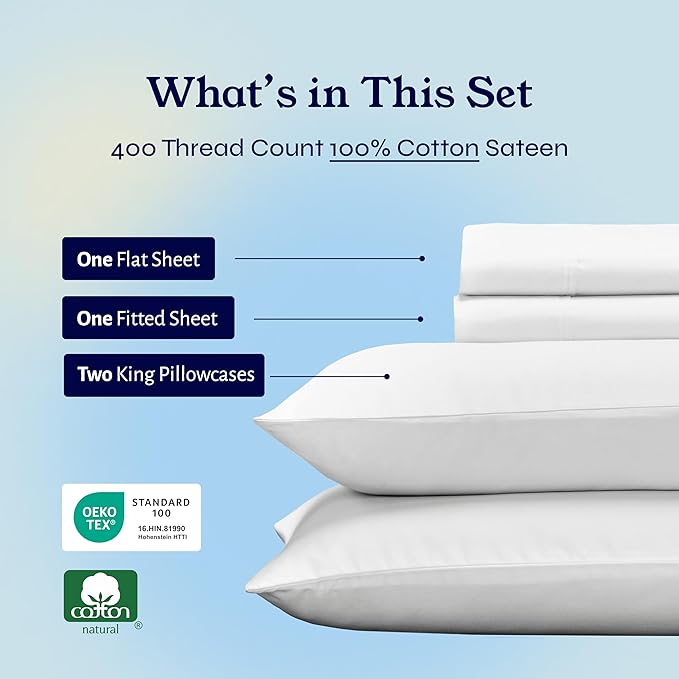 California Design Den King Bed Sheets Set - Soft 400 Thread Count Sateen, 100% Cotton Sheets, Deep Pockets with All Around Elastic for a Snug Fit, Durable Bedding Set - Antique White