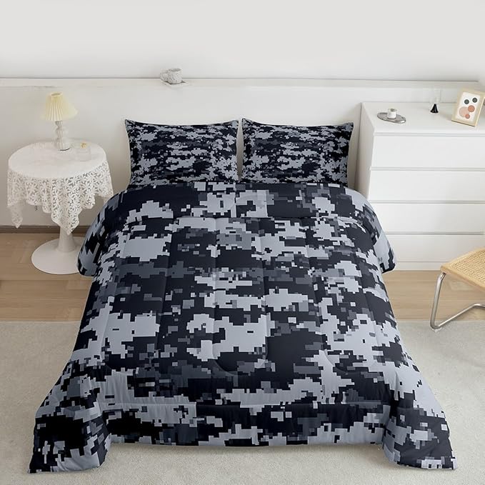 Castle Fairy Gray Pixelated Miners Gamer Bedding Sets Full Size,Cartoon Style Video Games Reversible Down Comforter Breathable Polyester Quilt Set,Black Checkered Grid Duvet Insert,2 Pillowcases