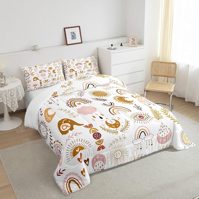 Feelyou Colorful Rainbow Comforter Set Kawaii Botanical Leaf Bedding Set for Girls Kids Room,Cute Colorful Cartoon Orange Decor Comforter Soft Quilt Room 3Pcs Queen Size Boys