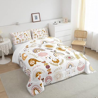 Feelyou Colorful Rainbow Comforter Set Kawaii Botanical Leaf Bedding Set for Girls Kids Room,Cute Colorful Cartoon Orange Decor Comforter Soft Quilt Room 3Pcs Queen Size Boys