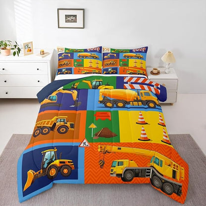 Cartoon Car Kids Comforter Set King Size Excavator Tractor Truck Bedding Set 3pcs Boys Teens Bedroom Decor Construction Vehicles Quilted Duvet Colorful Patchwork Plaid Duvet Insert,2 Pillowcases
