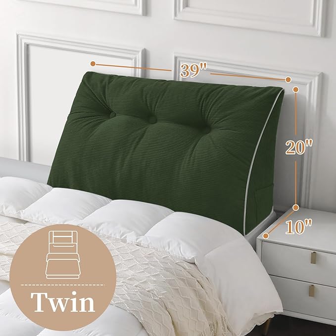 Sasttie Headboard Pillow Twin/Twin XL, Wedge Pillow Headboard for Dorm, Triangular Daybed Backrest Cushion for Sitting or Reading in Bed, with Removable Washable Cover, Olive Green