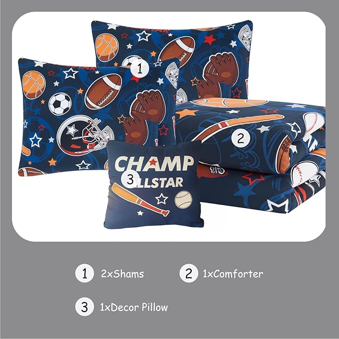 Kids Comforter Set Full Size for Boys, Glow in The Dark Ball Games Bedding Set 1 Comforter, 1 Decor Pillow, 2 Pillow Shams