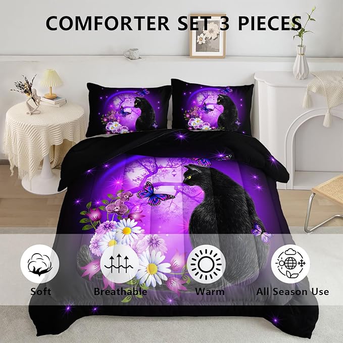 Black Cat Bedding Cartoon Cat Comforter Set Queen,Daisy Butterflies Printed Kids Bedding Set for Kids Boys Girls Adults Room Decor,Kids Comforter Set All Season,1 Quilt 2 Pillow Cases