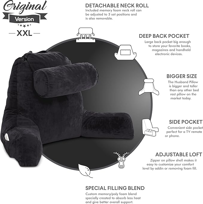 Husband Pillow XXL - Reading Pillow Bed Chair with Arms & Back Support - Black - Back Pillow for Bed Sitting Up - Bed Rest Arm Pillow - Comfy Reading Pillow for Adults