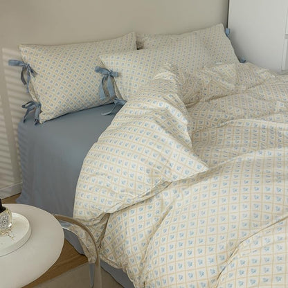 AOJIM Kids Adults Plaid Design Duvet Cover Set, 100% Cotton Soft Bedding Comforter Cover Set with Blue Floral Pattern, 1 Twin Quilt Cover 68x86'' and 2 Pillowcases 20x26'' with Bowknot for Room Decor
