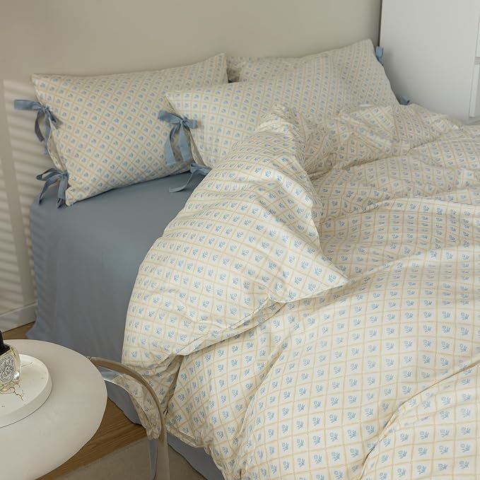 AOJIM Kids Adults Plaid Design Duvet Cover Queen Size, Pure Cotton Bedding Comforter Cover Set with Blue Floral Pattern for Room Decor,1 Soft Quilt Cover 90x90'' and 2 Pillowcases 20x26'' with Bowknot