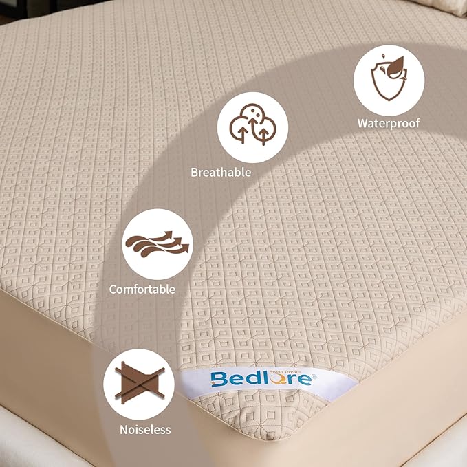 BEDLORE Queen Size Mattress Protector, Waterproof Noiseless Mattress Cover with Stretchable Pockets for 6-15 inches Mattress, Soft Breathable Mattress Pad for College Dorm (Beige)