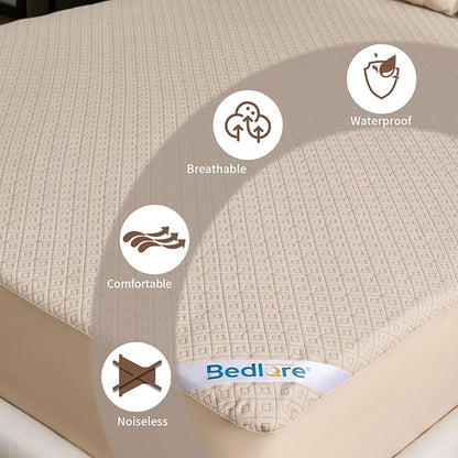 BEDLORE King Size Mattress Protector, Waterproof Noiseless Mattress Cover with Stretchable Pockets for 6-15 inches Mattress, Soft Breathable Mattress Pad for College Dorm (Beige)