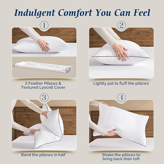 downluxe Goose Feather and Down Pillows - Hotel Collection Feather Pillows for Back, Stomach or Side Sleepers, Bed Pillows Queen Size Set of 2 (20"x28")