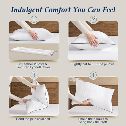 downluxe Goose Feather and Down Pillows - Hotel Collection Feather Pillows for Back, Stomach or Side Sleepers, Bed Pillows Queen Size Set of 2 (20"x28")