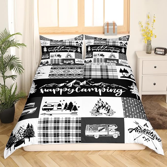 Camper Patchwork Duvet Cover Queen Size,RV Happy Camping Hunting Adventure Duvet Cover Set for Children Adult,Travel Trailers Decor Boho Aztec Exotic Soft Comforter Cover for Dorm Room, Zipper, Ties