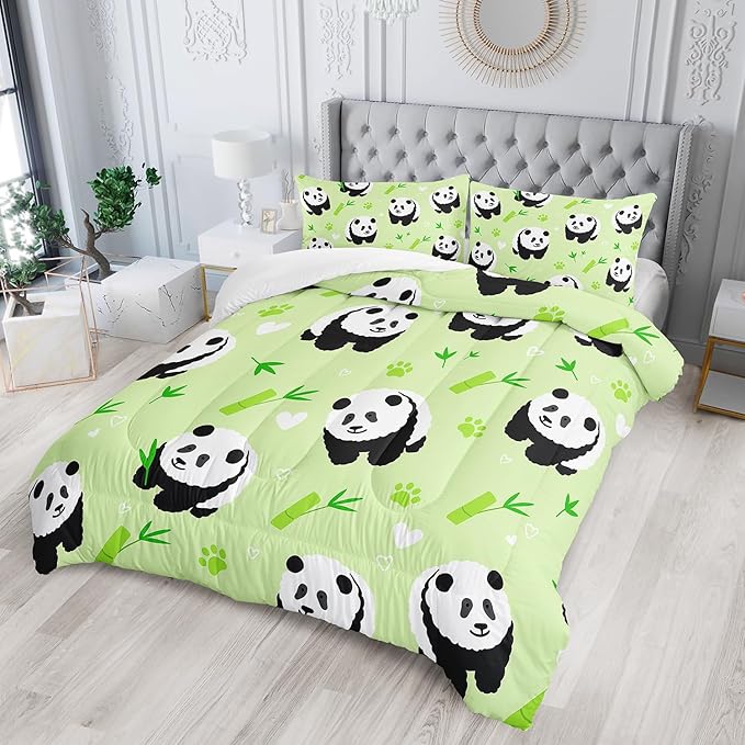 Kawaii Cartoon Black White Panda 3Pcs Bedding Animal Themed Comforter Full Bamboo Heart Pattern Bedding Set for Kid Teen Girl Boy Bed Decor Green Paw Quilt with 1 Comforter and 2 Pillowcases