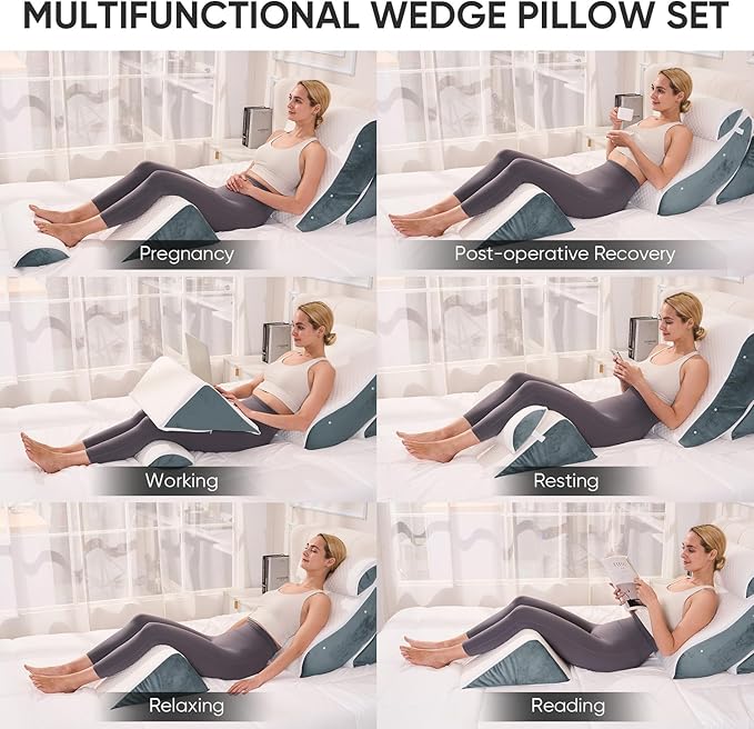 4 PCS Wedge Pillow Set for After Surgery, Memory Foam Orthopedic Bed Wedge Pillow Set, Adjustable Bed for Sleeping, Acid Reflux Relief, Post Surgery Recovery, Back Support, Leg Elevation, DarkGery