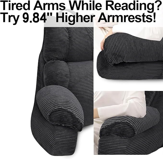 RRPAHWTV Reading Pillow for Bed with High Arm Rests,Back Support Pillow for Sitting Up in Bed with Shredded Memory Foam for Reading, TV, Gaming or Relaxing on Floor（Grey Black，Small）