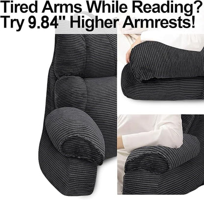 RRPAHWTV Reading Pillow for Bed with High Arm Rests,Back Support Pillow for Sitting Up in Bed with Shredded Memory Foam for Reading, TV, Gaming or Relaxing on Floor（Grey Black，Small）