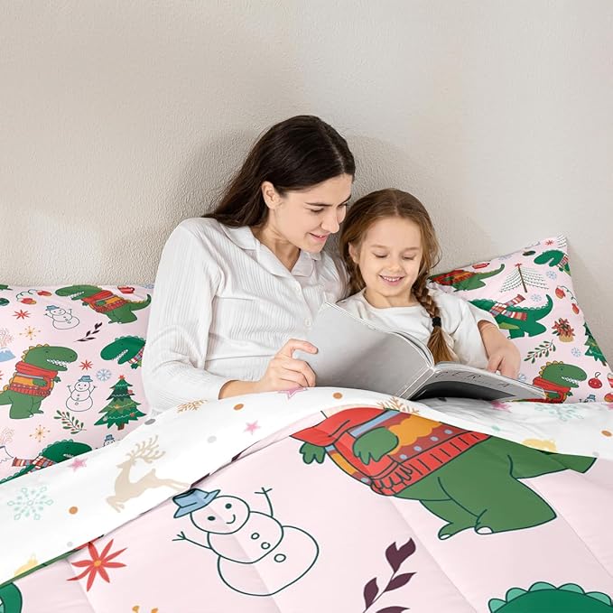 Erosebridal Xmas Dino Comforter Set Queen Size Cartoon Dinosaur Bedding Set for Gilrs Kids Children Snowman Santa Winter Tree Comforter Merry Christmas Florals Quilt Bedroom Decor