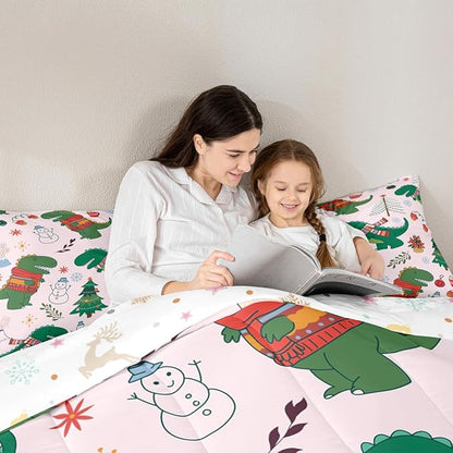 Erosebridal Xmas Dino Comforter Set Queen Size Cartoon Dinosaur Bedding Set for Gilrs Kids Children Snowman Santa Winter Tree Comforter Merry Christmas Florals Quilt Bedroom Decor