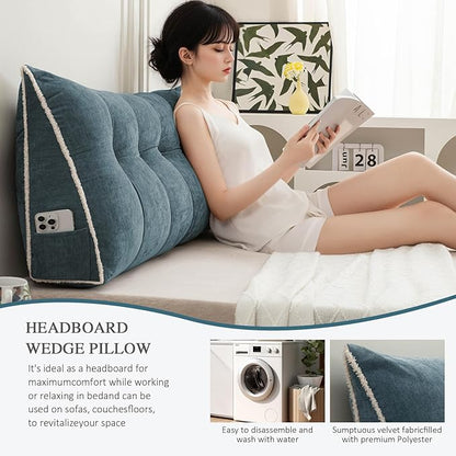 Headboard Pillow Twin, Chenille Triangular Wedge Pillow Headboard Twin Size, Reading Setting Backrest Daybed Pillows for Bed Sofa with Removable Coverr, Blue