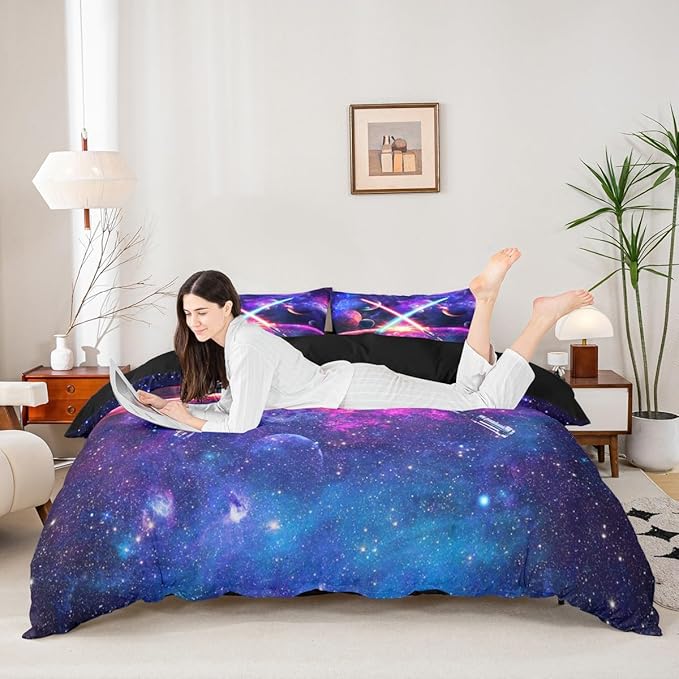 Lightsaber Duvet Cover Sets Queen,Galaxy Universe Planet Bedding Set 3pcs for Teens Boys Girls Room Decor,Trippy Star Sky Comforter Cover Watercolor Quilt Cover with 2 Pillowcases,Purple
