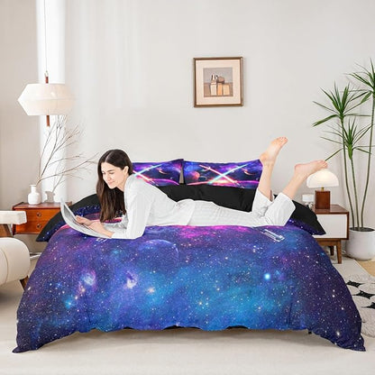 Lightsaber Duvet Cover Set Full,Galaxy Universe Planet Bedding Set 3pcs for Teens Boys Girls Room Decor,Trippy Star Sky Comforter Cover Watercolor Quilt Cover with 2 Pillowcases,Purple