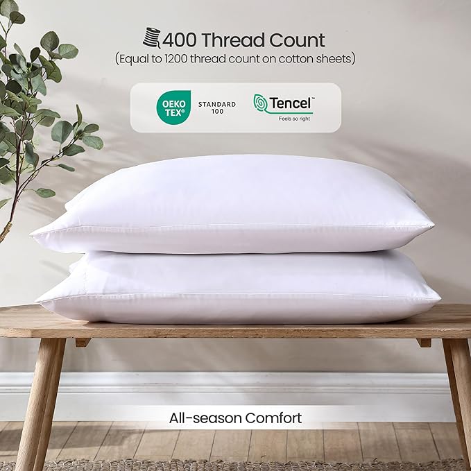 100% Eucalyptus Tencel Lyocell Cooling Pillowcases (2pc), Silky Soft & Smooth Pillow Cases, Sustainably Made, Sensitive Skin & Acne Pillowcase, Hypoallergenic - Std, White