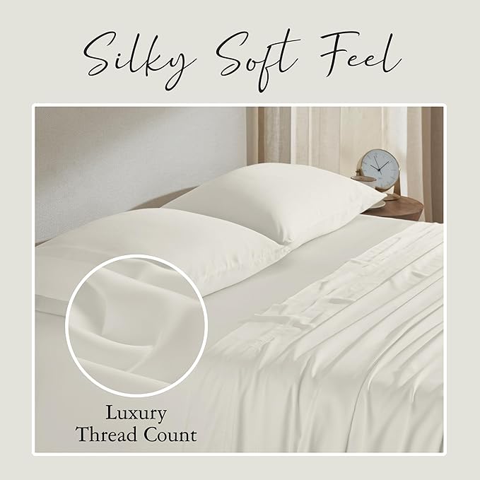 KARISSA MAE Cooling Bamboo Viscose Queen Sheet Set | 100% Organically Grown | 18” Deep Pocket | Silky, Soft, & Hypoallergenic | with Organizer Band & Elastic Corner Straps [Ivory]