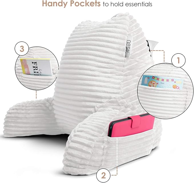 Nestl Reading Pillow with Shredded Memory Foam, Luxe Cut Plush Back Pillow for Sitting Up in Bed, Back and Arms Adjustable Support for Adult & Teens, Backrest Pillows with Washable Cover White