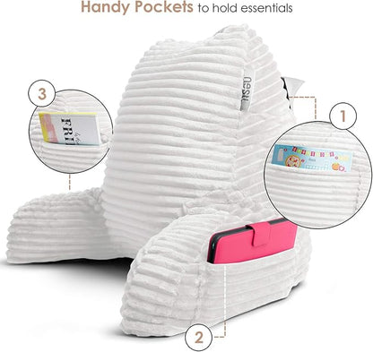 Nestl Reading Pillow with Shredded Memory Foam, Luxe Cut Plush Back Pillow for Sitting Up in Bed, Back and Arms Adjustable Support for Adult & Teens, Backrest Pillows with Washable Cover White