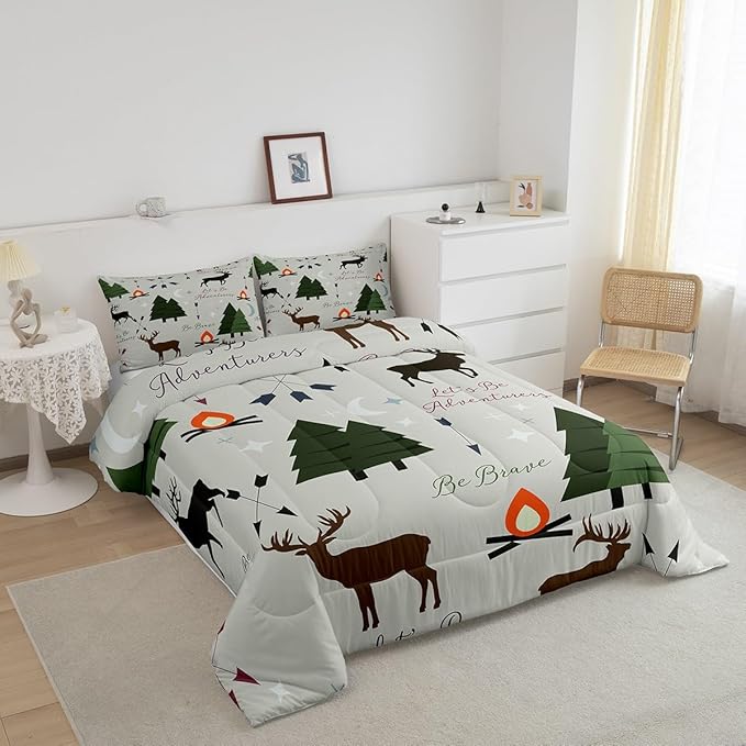 Adventure Deer Comforter Set Queen Size,Cartoon Pine Tree Jungle Animals Bedding Set,Arrow and Stars Moon Quilt Set for Kids Girls Boys Adult Room Decor Rustic Camping Duvet Insert Green 3Pcs