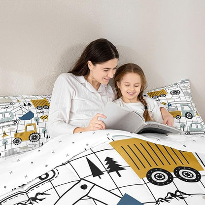 Feelyou Construction Comforter Set Twin Size Kids Excavator Tractor Toddler Comforter Cartoon Car Equipment Trucks Plaid Grid Comforter Set Construction Vehicles WhiteDuvet Set Quilt Set