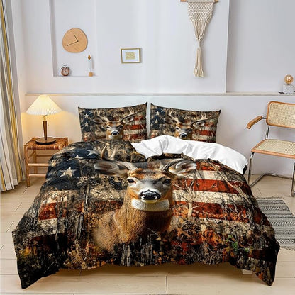 Deer Full Duvet Cover Sets,Deer and American Flag Bedding Sets for Hunter Bedroom Decor, 1 Duvet Cover 2 Pillowcases Comforter Cover for Adult Teen boy,Full