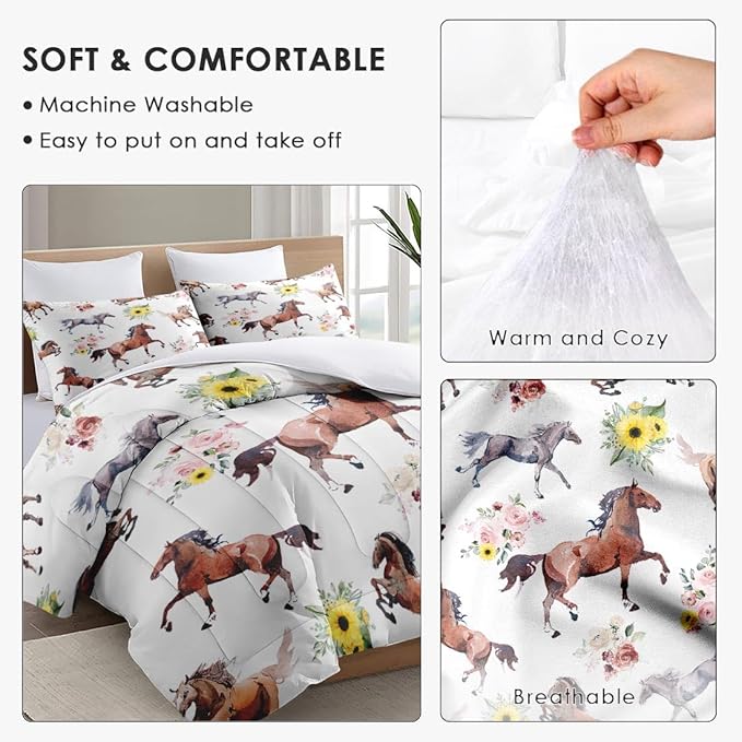 Twin Size Comforter Set with Pillowcase, Vintage Horse Brown Soft 2 Pcs Bedding for Kids and Adults, Get Watercolor Run Comforter Set for Room Bedroom Bed Decor
