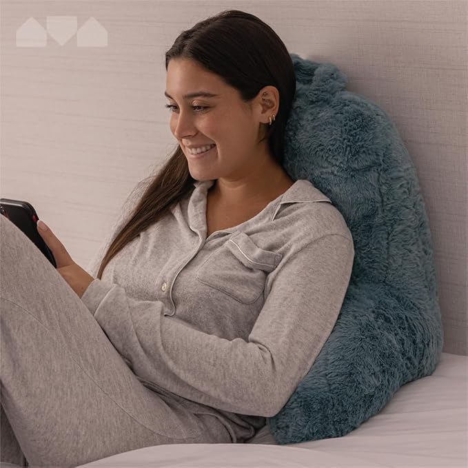 Milliard Reading Pillow, Sit Up Pillow for Bed, Back Rest Pillow, with Faux Fur, Removable Cover, 8x15 inches, Made with Shredded Memory Foam (Light Grey)