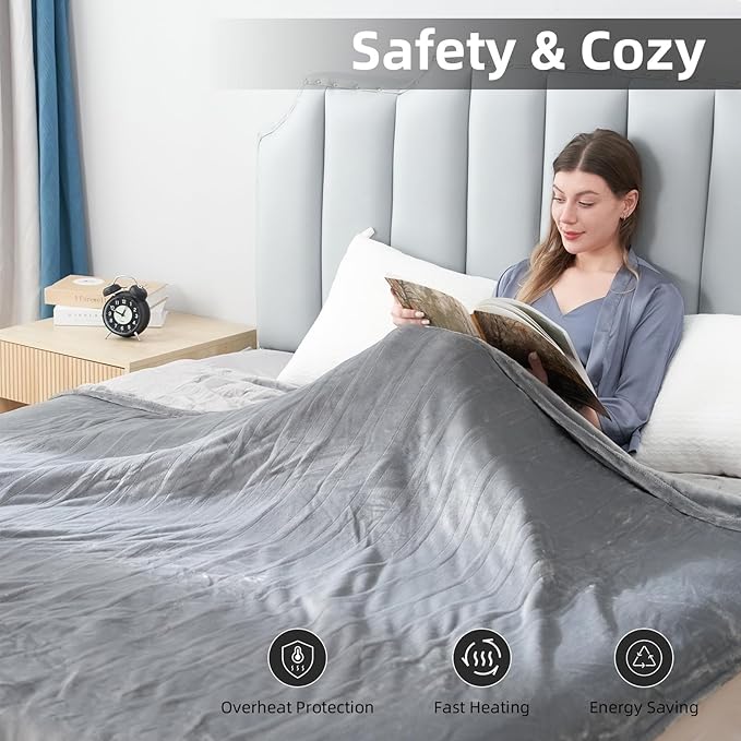 Electric Heated Blanket Full Size 72”x84”,Cozy Soft Warmth with 5 Heating Settings 10 Hours Auto-Off, Long Cord Energy-Saving, for Bed, Fast Heating Machine Washable, Light Gray