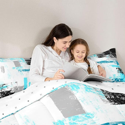 Feelyou Abstract Comforter Set for Girls Boys Kids Modern Abstract Art Comforter Room Decorative Teal Blue White Black Bedding Set Luxury Duvet Set Full Size 3Pcs Comforter Inner Fill