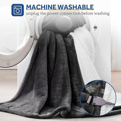 SEALY Heated Throw Blanket, Flannel & Sherpa Reversible Electric Throw with 6 Heating Levels & 2-10 Hours Auto Shut Off, Machine Washable, 50x60 Inch, Dark Grey