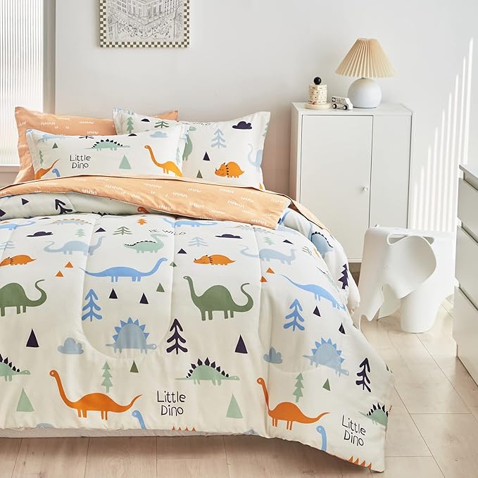 Joyreap Bed in a Bag Cotton, Dinosaur Reversible Design, Queen Size 7-Piece Cotton Bedding Comforter Set for Kids Boys n Girls- 1 Comforter, 2 Pillow Shams, 1 Flat Sheet, 1 Fitted Sheet, 2 Pillowcases