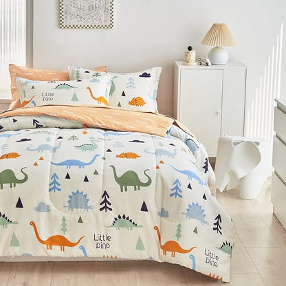 Joyreap Bed in a Bag Cotton, Dinosaur Reversible Design, Queen Size 7-Piece Cotton Bedding Comforter Set for Kids Boys n Girls- 1 Comforter, 2 Pillow Shams, 1 Flat Sheet, 1 Fitted Sheet, 2 Pillowcases