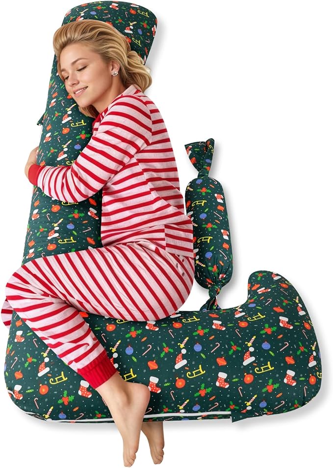 Body Pillow for Adults Side Sleeping & Pregnancy, 55 Inch Long Bolster Pillow with Mini Candy, Firm Support, Full Length Hugging Bolster for Beds, Removable Machine Washable Green Christmas Pillowcase