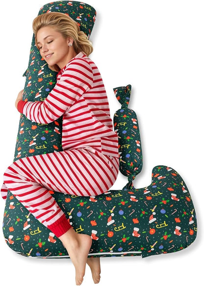 Body Pillow for Adults Side Sleeping & Pregnancy, 55 Inch Long Bolster Pillow with Mini Candy, Firm Support, Full Length Hugging Bolster for Beds, Removable Machine Washable Green Christmas Pillowcase