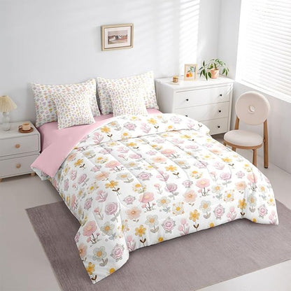Feelyou Cute Flower 7 Piece Bedding Set Yellow Pink Floral Comforter Set with Sheets for Kids Boys Girls Romantic Blossom Bed in a Bag Cartoon Style Bed Set Soft Lightweight